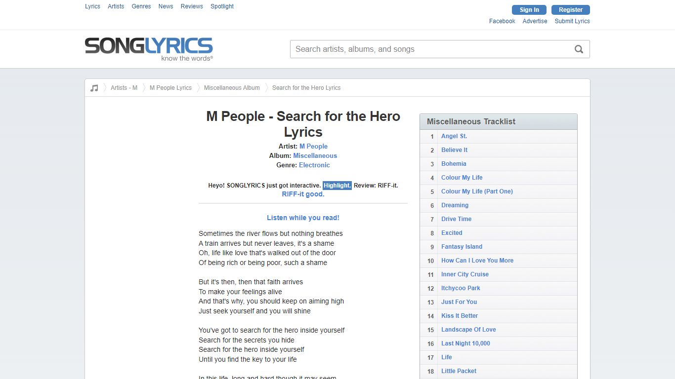 M PEOPLE - SEARCH FOR THE HERO LYRICS